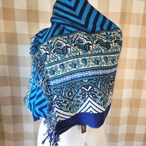 Dana Xu Blue White 100% Wool Pashmina Paisley Chevron Fringe Shawl‎ Scarf NEW